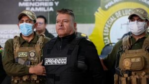 Bolivian police hold the detained Juan Jose Zúñiga, former general commander of the army, in La Paz, Bolivia, on June 26, 2024. Juan Karita/AP